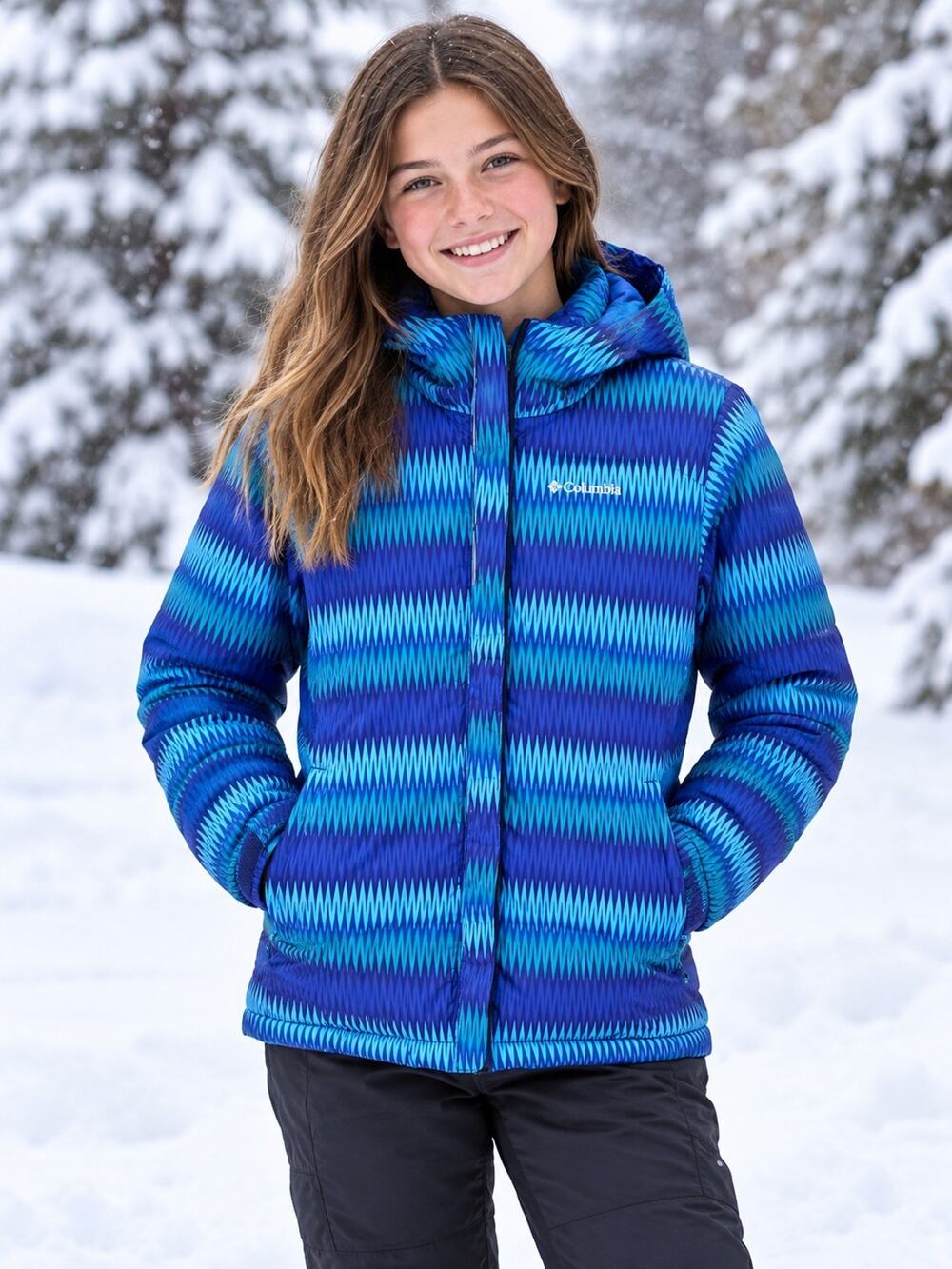 COLUMBIA Girl's L 14 16 Snow Ski Jacket Hooded Puffer Full Zip Zig Zag Pattern